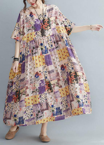 Casual O-Neck Retro Print Summer Sundress Half Sleeve - SooLinen