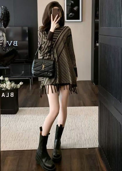 Lässige Strickpullover mit Rundhalsausschnitt, Quasten und Patchwork-Design für den Winter