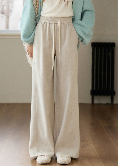 Casual Oatmeal Pockets Elastic Waist Solid Woolen Wide Leg Pants Spring