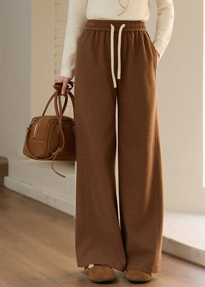 Casual Oatmeal Pockets Elastic Waist Solid Woolen Wide Leg Pants Spring