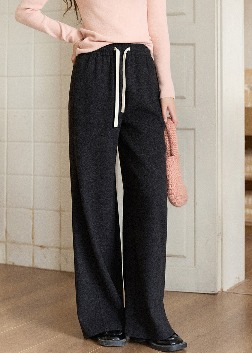 Casual Oatmeal Pockets Elastic Waist Solid Woolen Wide Leg Pants Spring
