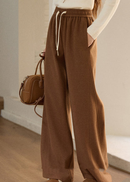 Casual Oatmeal Pockets Elastic Waist Solid Woolen Wide Leg Pants Spring