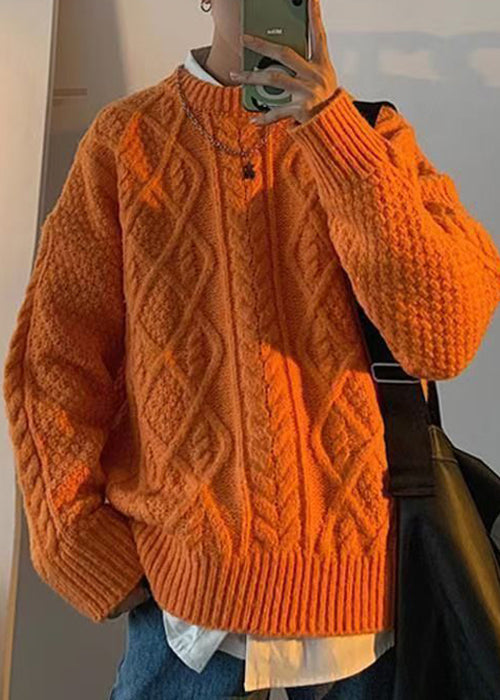 Casual Orange O Neck Cable Knit Sweaters Men Winter