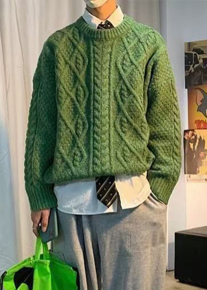 Casual Orange O Neck Cable Knit Sweaters Men Winter