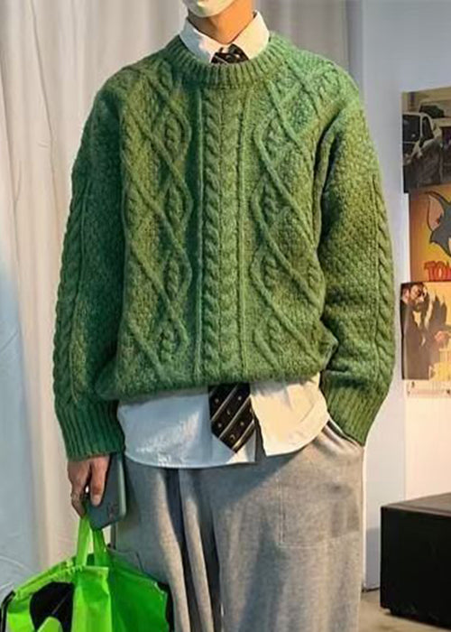 Casual Orange O Neck Cable Knit Sweaters Men Winter