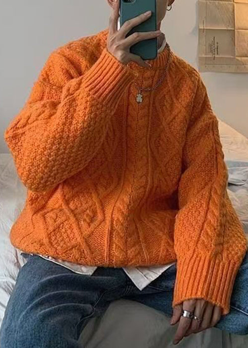 Casual Orange O Neck Cable Knit Sweaters Men Winter