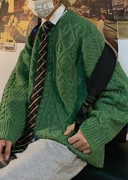 Casual Orange O Neck Cable Knit Sweaters Men Winter