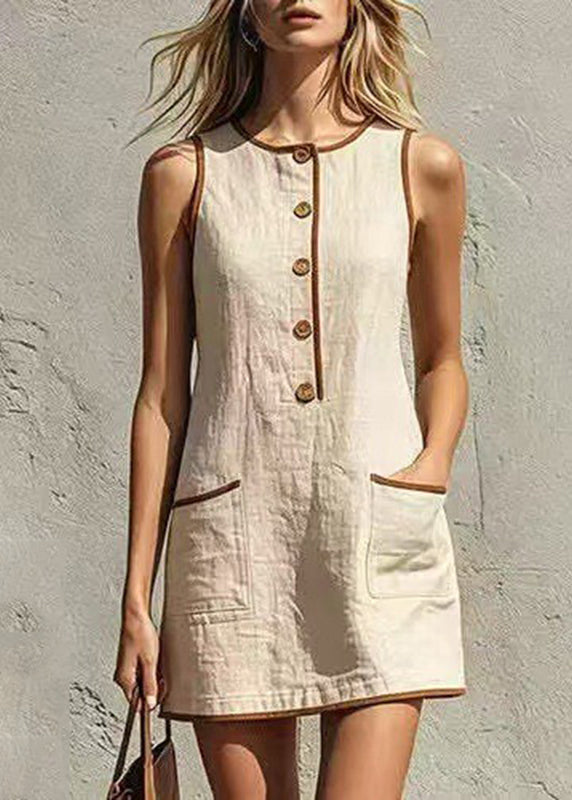 Casual Orange O-Neck Patchwork Pockets Mid Dress Summer