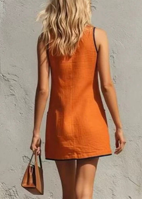 Casual Orange O-Neck Patchwork Pockets Mid Dress Summer