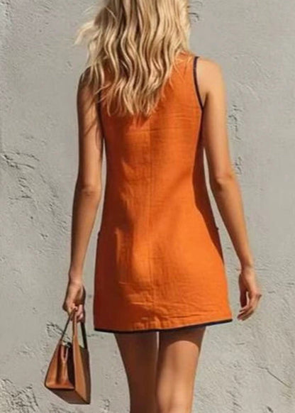Casual Orange O-Neck Patchwork Pockets Mid Dress Summer