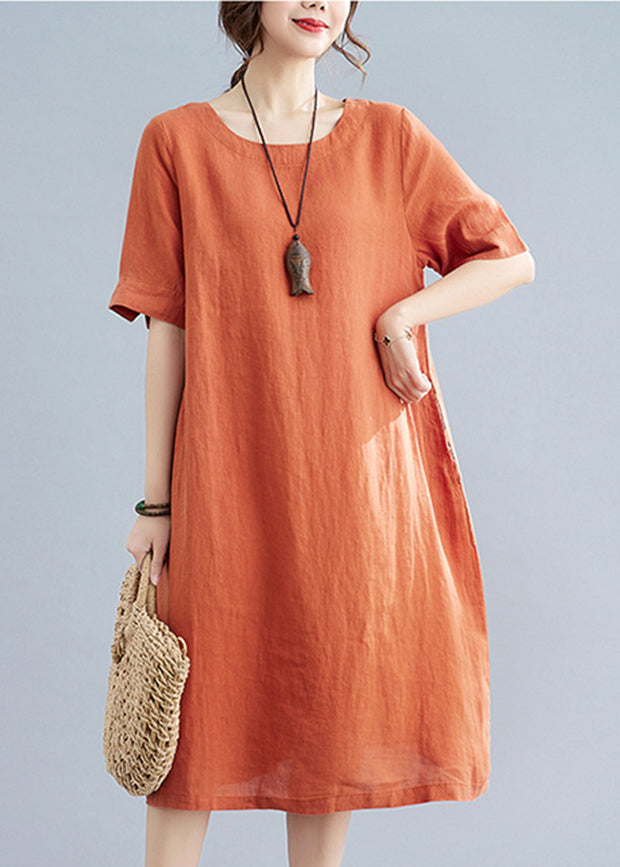 Casual Orange O-Neck wrinkled Pockets Linen Dresses Short Sleeve