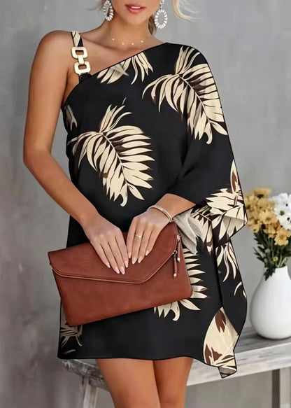 Casual Orange One Asymmetrical Shoulder Print Chiffon Day Dress Summer
