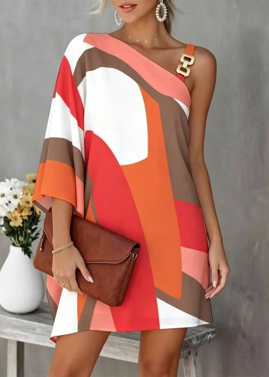 Casual Orange One Asymmetrical Shoulder Print Chiffon Day Dress Summer