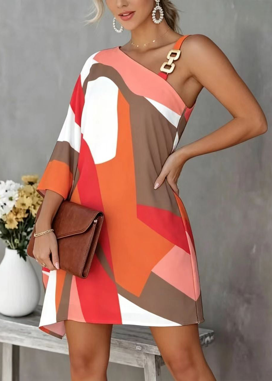 Casual Orange One Asymmetrical Shoulder Print Chiffon Day Dress Summer