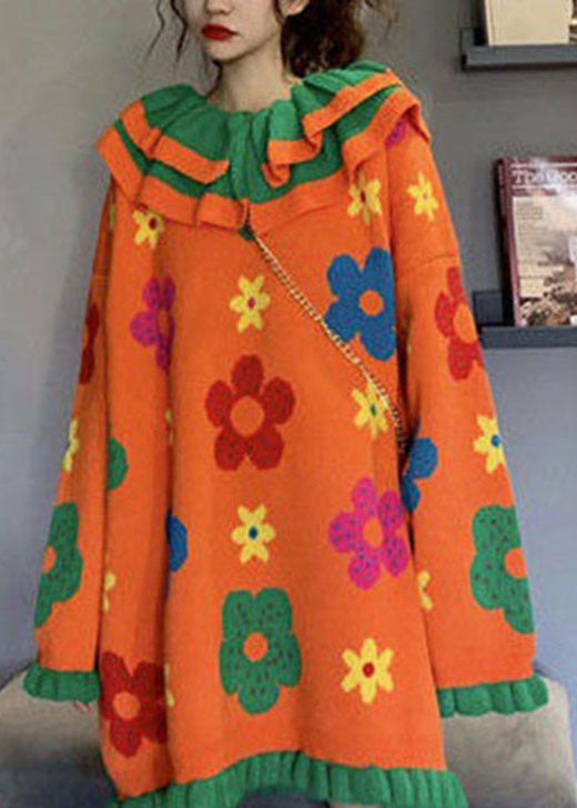 Casual Orange Peter Pan Collar Floral Knit Sweaters Winter