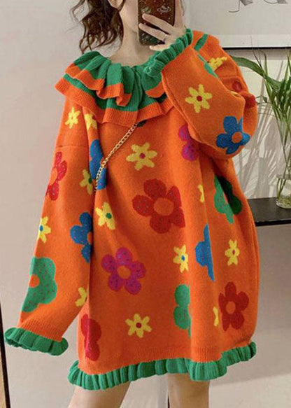 Casual Orange Peter Pan Collar Floral Knit Sweaters Winter