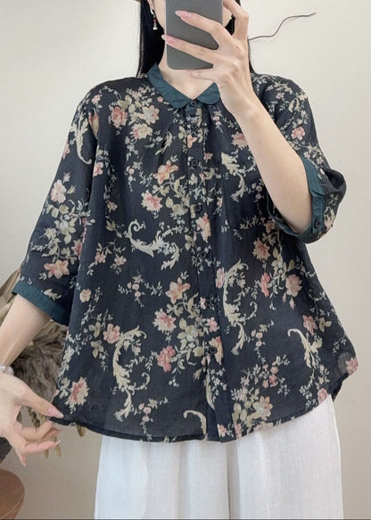 Casual Orange Peter Pan Collar Print Linen Tops Summer