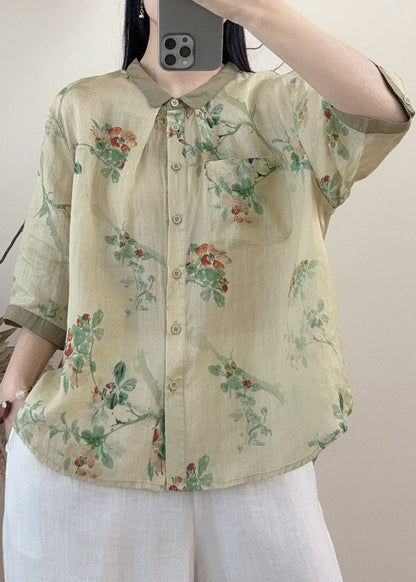 Casual Orange Peter Pan Collar Print Linen Tops Summer