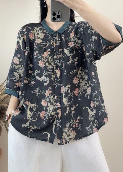 Casual Orange Peter Pan Collar Print Linen Tops Summer