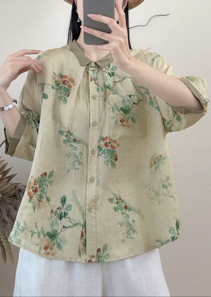 Casual Orange Peter Pan Collar Print Linen Tops Summer