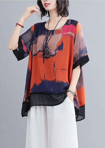 Casual Orange Print Chiffon Half Sleeve Summer two Piece Outfit - SooLinen