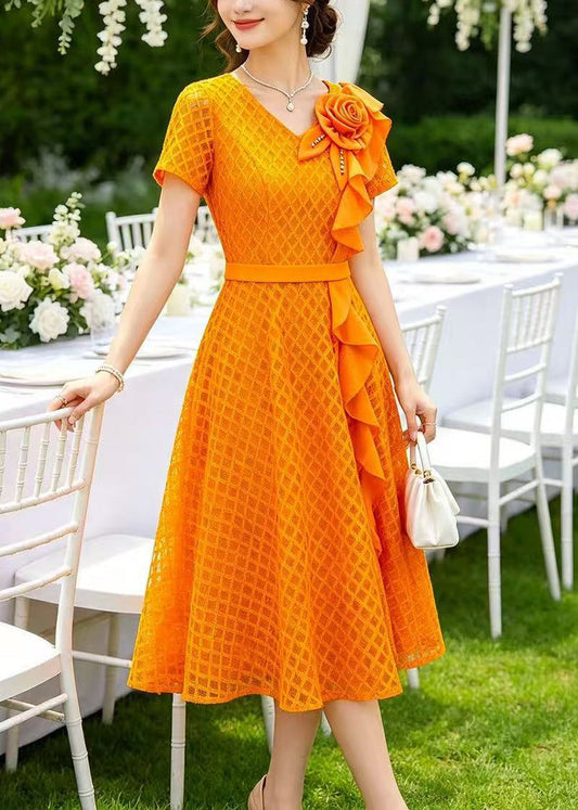 Casual Orange Ruffled Floral Lace Holiday Dress Summer