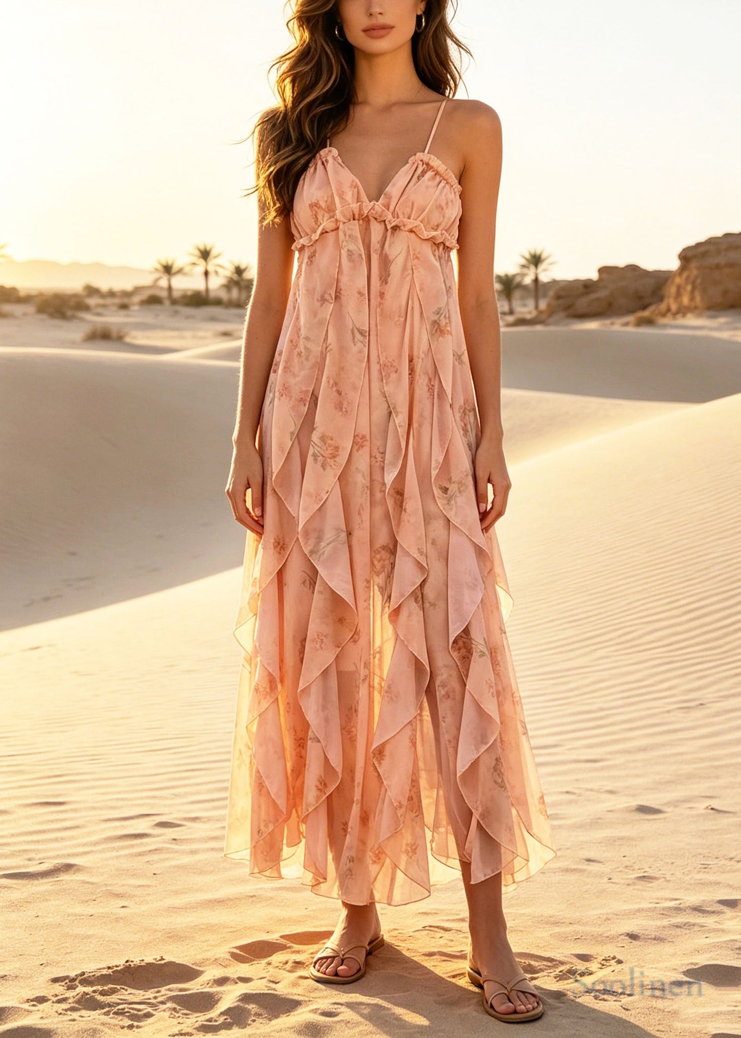 Casual Orange Ruffled Print Chiffon Halter Dress Summer