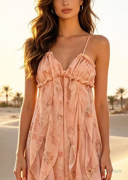 Casual Orange Ruffled Print Chiffon Halter Dress Summer
