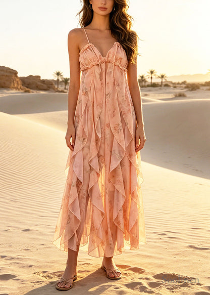 Casual Orange Ruffled Print Chiffon Halter Dress Summer
