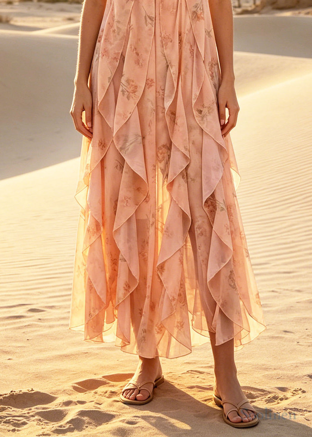 Casual Orange Ruffled Print Chiffon Halter Dress Summer