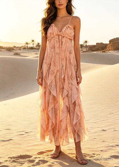 Casual Orange Ruffled Print Chiffon Halter Dress Summer