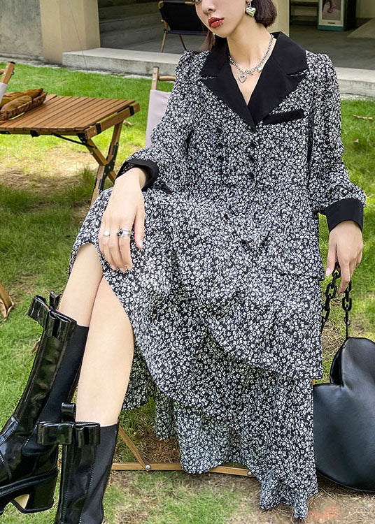 Lässiges Peter-Pan-Kragen-Print-Knopf-Herbst-Partykleid Langarm