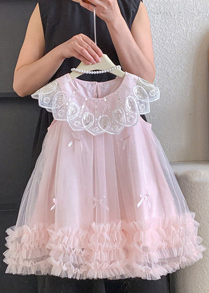 Casual Pink Bow Tulle Kids Maxi Dresses Sleeveless