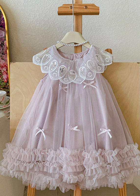 Casual Pink Bow Tulle Kids Maxi Dresses Sleeveless