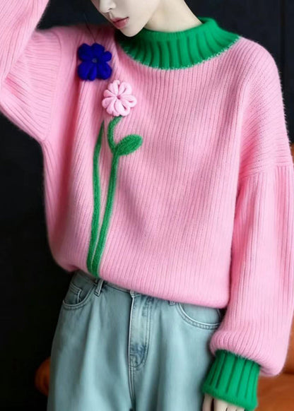 Casual Pink Green Stereoscopic Floral Knitted Tops Long Sleeve