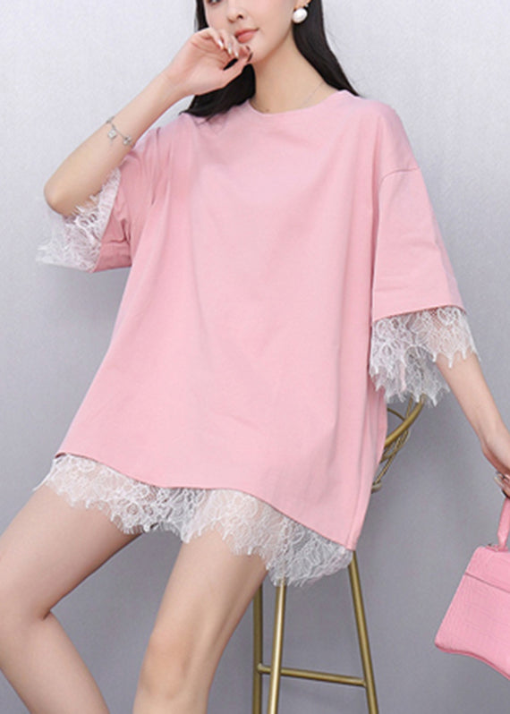 Casual Pink Lace Patchwork Top Summer