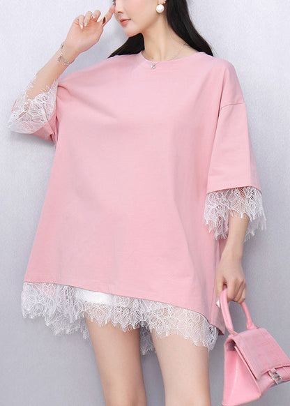 Casual Pink Lace Patchwork Top Summer