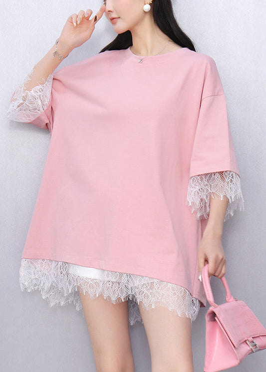 Casual Pink Lace Patchwork Top Summer