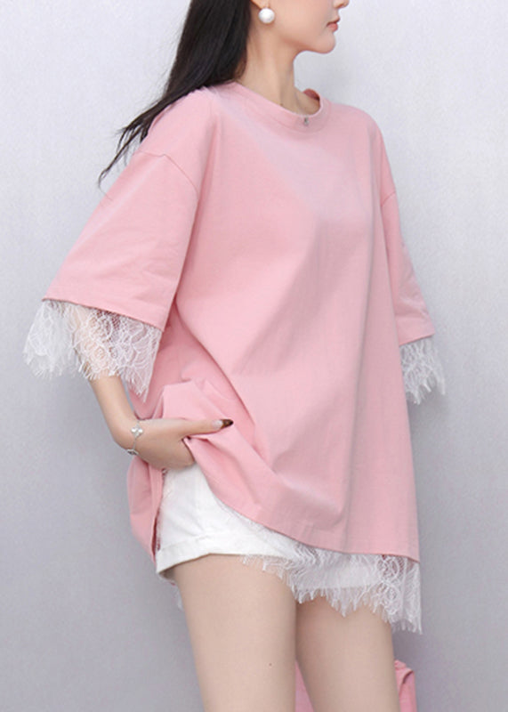 Casual Pink Lace Patchwork Top Summer