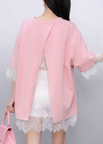 Casual Pink Lace Patchwork Top Summer
