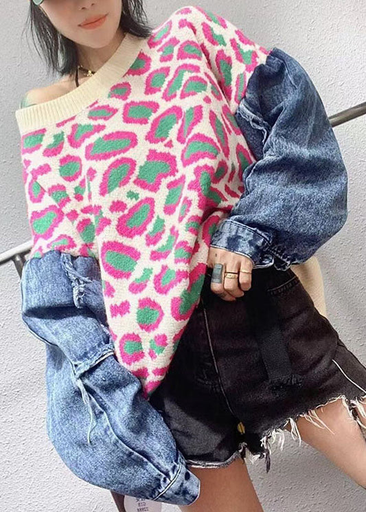 Casual Pink Loose O-Neck Patchwork Fall Leopard Knitwear Coat
