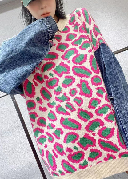 Casual Pink Loose O-Neck Patchwork Fall Leopard Knitwear Coat