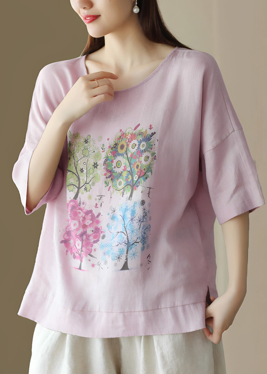 Casual Pink O Neck Print Loose Cotton T Shirt Summer