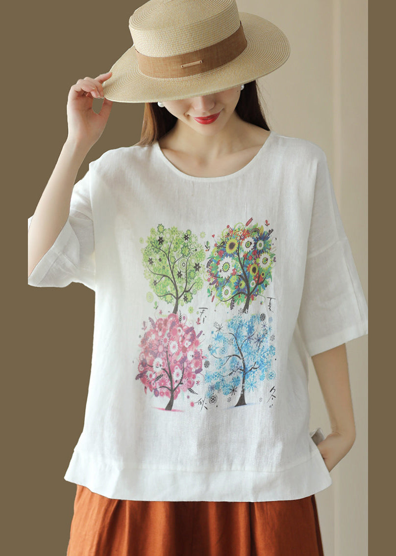 Casual Pink O Neck Print Loose Cotton T Shirt Summer