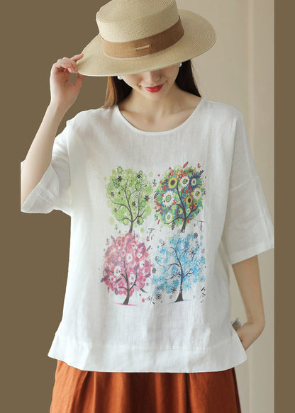 Casual Pink O Neck Print Loose Cotton T Shirt Summer