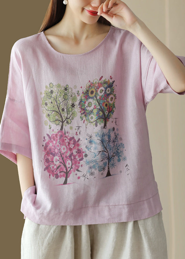 Casual Pink O Neck Print Loose Cotton T Shirt Summer