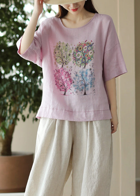 Casual Pink O Neck Print Loose Cotton T Shirt Summer