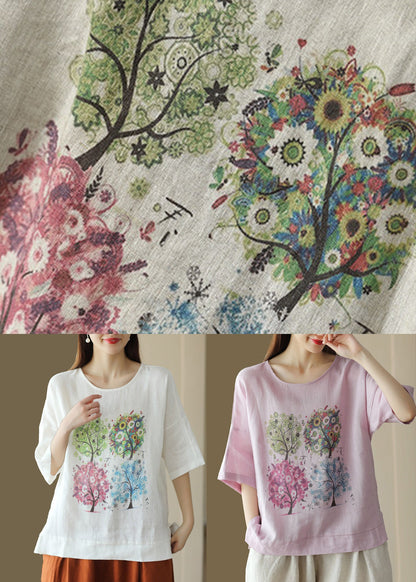 Casual Pink O Neck Print Loose Cotton T Shirt Summer