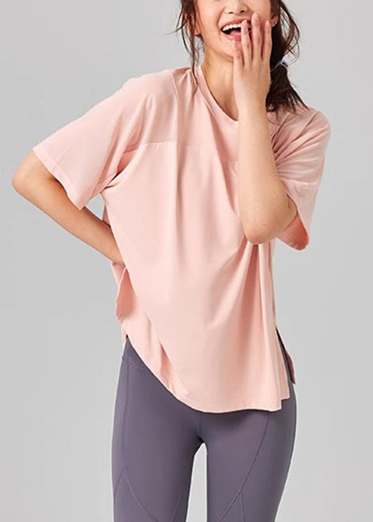 Casual Pink O-Neck Short Sleeve Yoga Tops