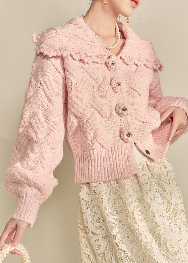 Lässige rosa Strickjacke mit Peter-Pan-Kragen, Blumenmuster und Laternenärmeln aus Baumwollstrick